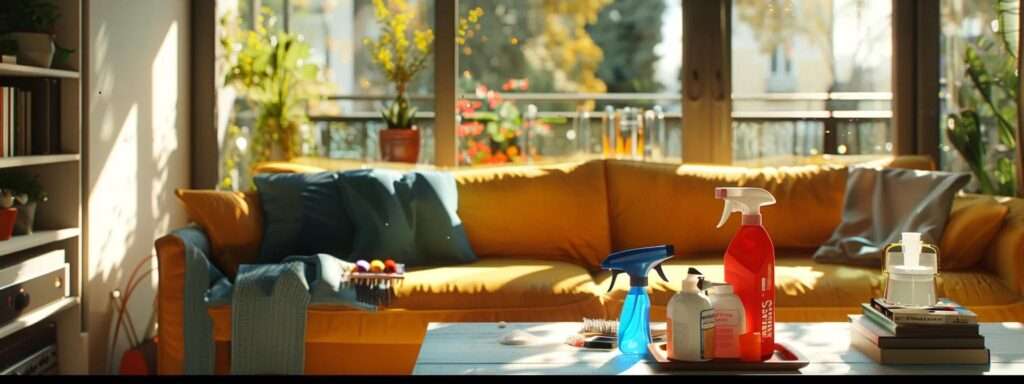 a modern, well-lit interior of a stylish living room featuring a professional cleaning process on a vibrant microfiber sofa, showcasing various cleaning tools and products artfully arranged on a sleek coffee table.
