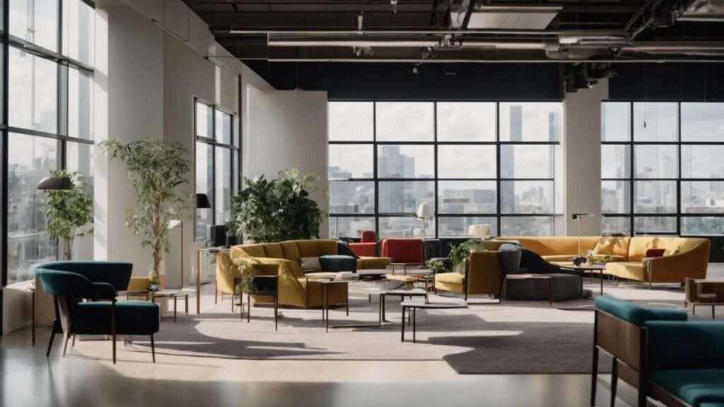 a sleek, modern office environment showcases a professional steam cleaning service in action, with a technician expertly applying steam to vibrant upholstery, emphasizing the blend of effective cleaning and fabric preservation in an elegant and eco-conscious setting.
