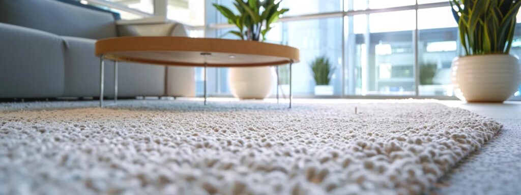 a bright, modern office with a freshly cleaned carpet displaying a small section of carpet maintenance tools neatly arranged beside a stylish coffee table, highlighting the importance of post-cleaning care.