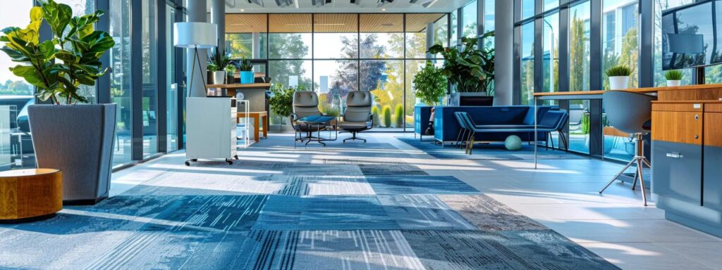 a dynamic office setting showcases a professional carpet cleaning technician utilizing advanced equipment, surrounded by various types of carpets in need of specialized cleaning methods under bright, artificial lighting.
