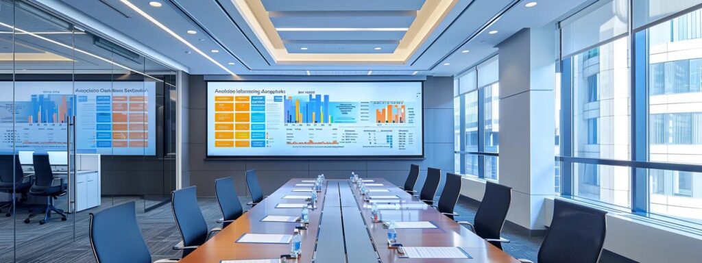 a polished, modern office space features a sleek conference table adorned with a comparative chart of carpet cleaning methods, showcasing vibrant graphics that highlight each technique's key benefits and ideal applications under bright, focused overhead lighting.