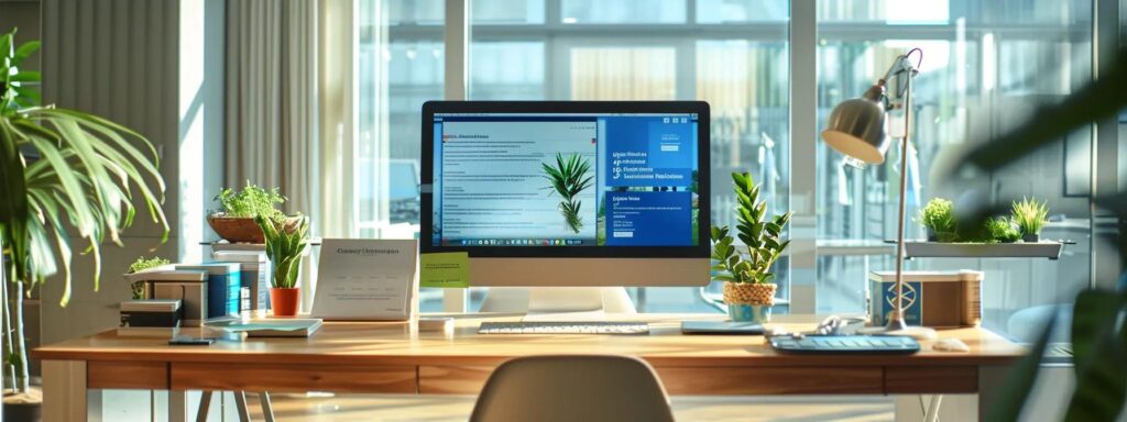 a sleek, modern office with a polished wooden table showcasing various certificates and eco-friendly cleaning products, while a glowing computer screen displays positive customer reviews alongside vivid images of different carpet types being expertly cleaned.