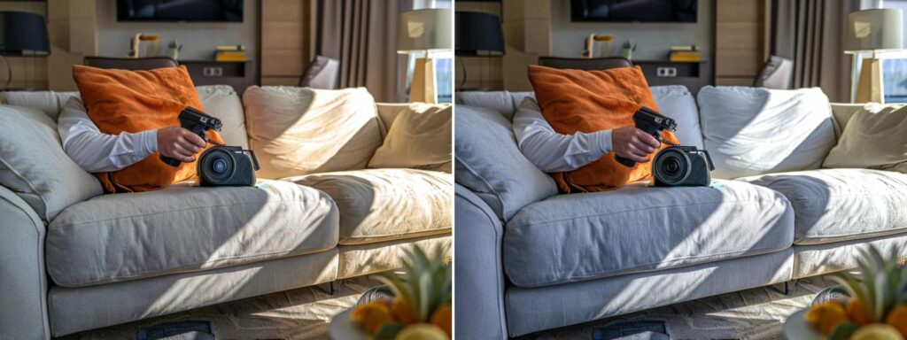 a professional upholstery cleaner is meticulously treating a luxurious, stained fabric sofa in a modern office setting, showcasing advanced cleaning equipment and vibrant before-and-after contrast on the upholstery to highlight the effectiveness of specialized stain removal techniques.