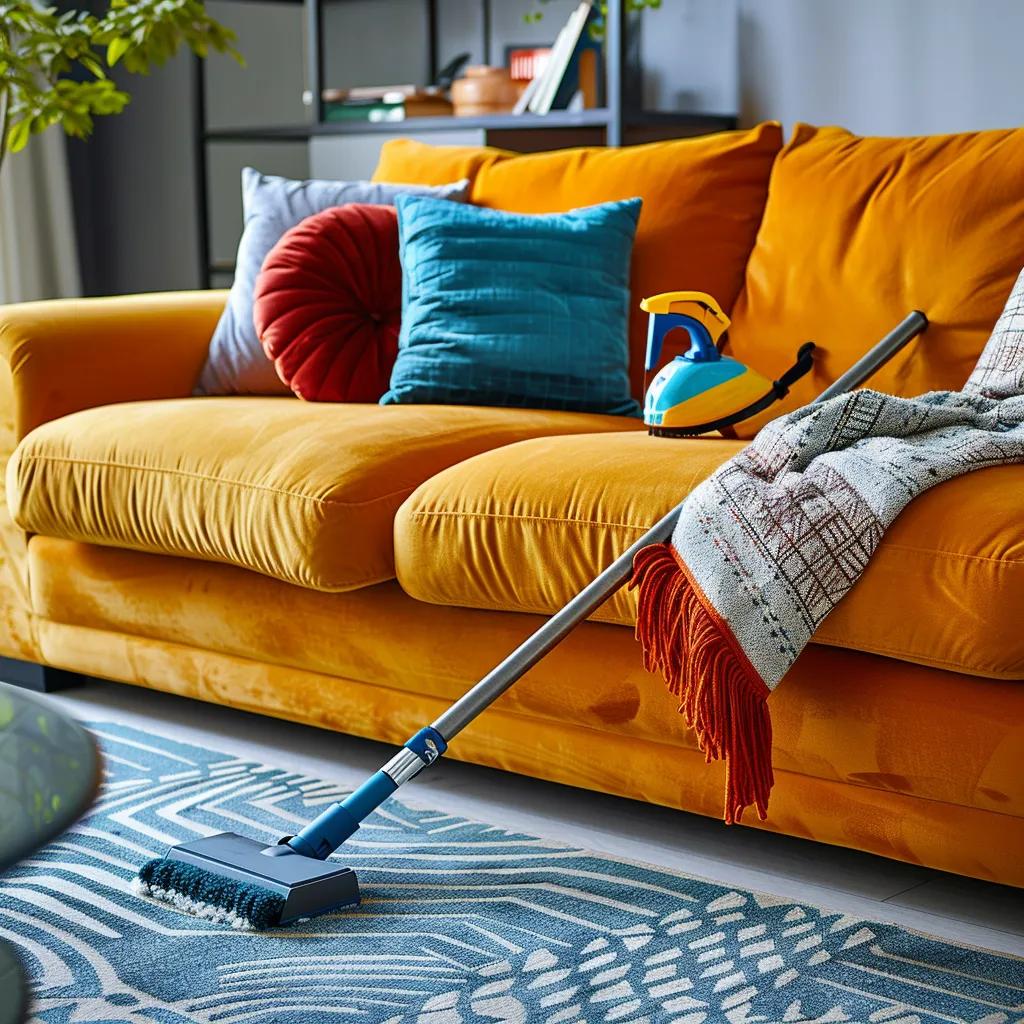 a sleek, modern living room showcases a focused, professional upholstery cleaner applying specialized tools to a vibrant sofa, highlighting the effectiveness of local cleaning services against tough stains in a stylish urban setting.