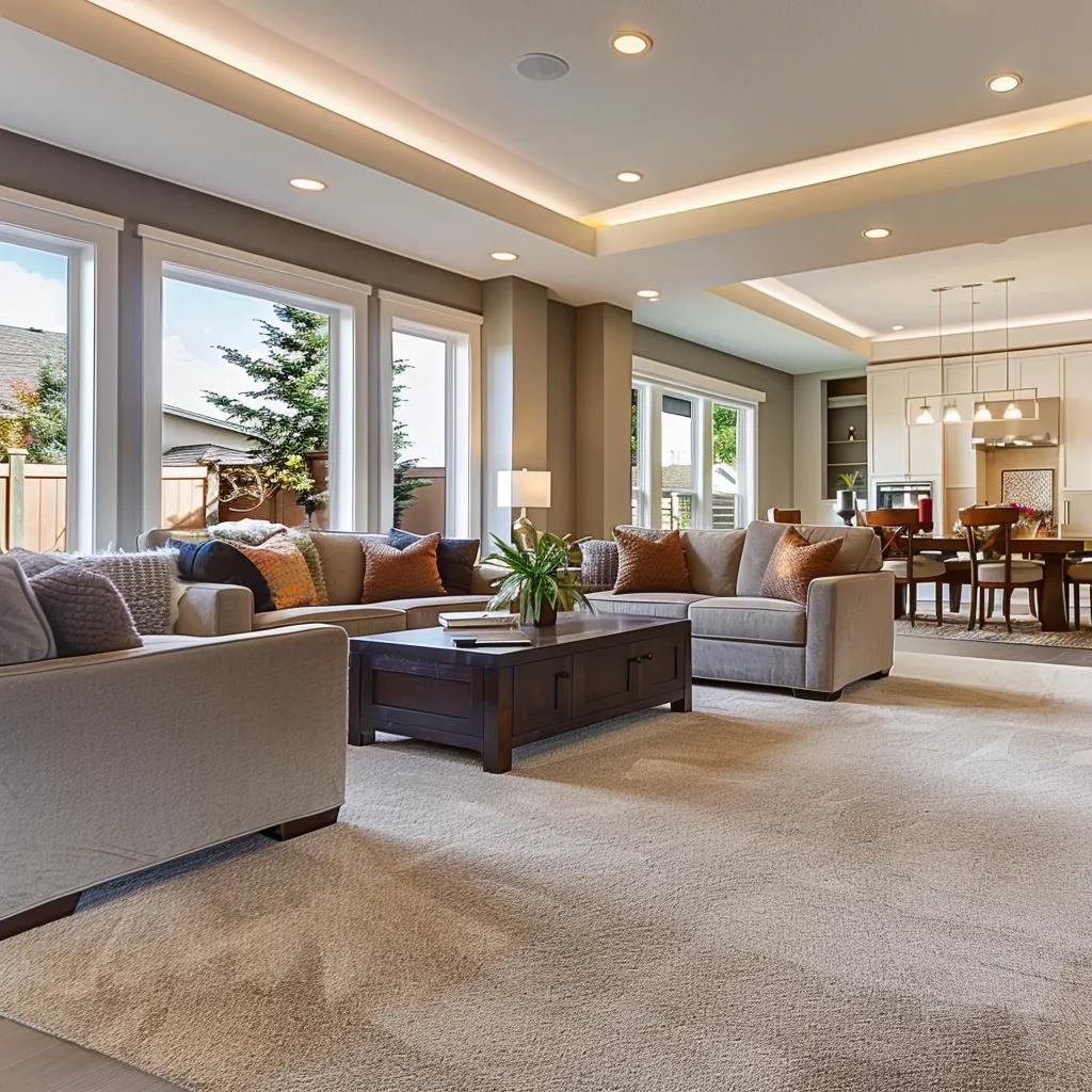 Freshly cleaned carpet in a cozy living room, highlighting the benefits of professional carpet cleaning